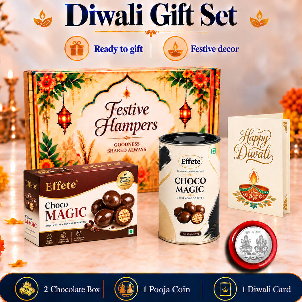 A festive gift box, chocolate box, canister, greeting card, and silver coin on a table with text.