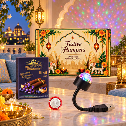 USB Star Galaxy Light & Blueberry Cheesecake Wafer Rolls Festive Gift Hamper