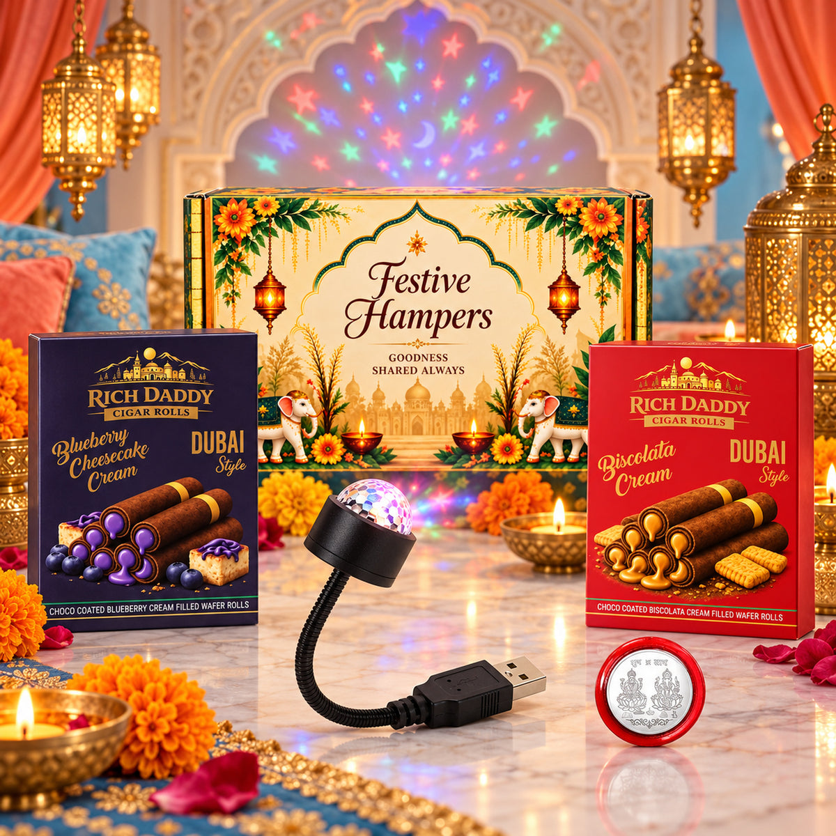 USB Star Galaxy Light & Blueberry Cheesecake + Biscolata Wafer Rolls Festive Gift Hamper