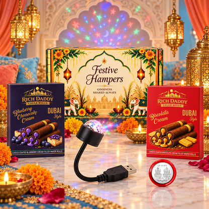 USB Star Galaxy Light & Blueberry Cheesecake + Biscolata Wafer Rolls Festive Gift Hamper