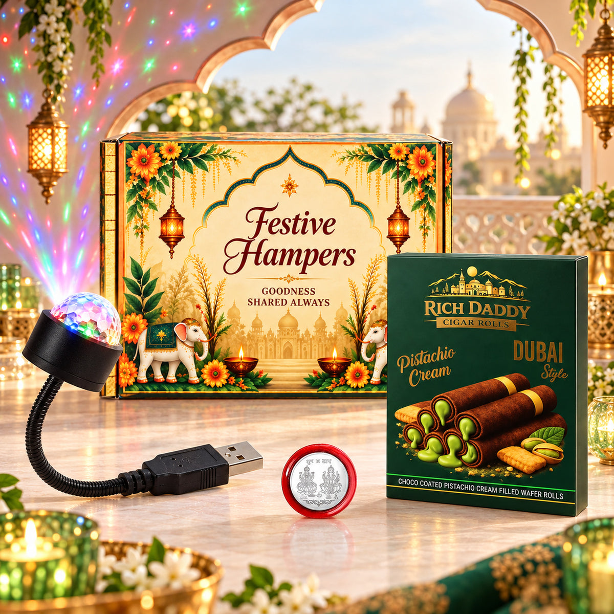 USB Star Galaxy Light & Pistachio Wafer Rolls Festive Gift Hamper