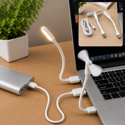 Portable USB Fan Set – Mini Fan, LED Light & Cable | Indo Glow