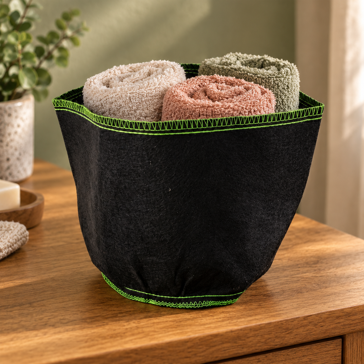 Small foldable fabric storage box with handle.