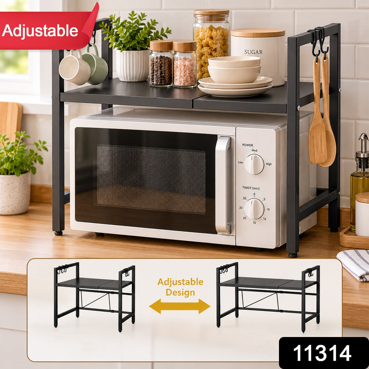 Adjustable Microwave Oven Storage Rack with Hooks for Kitchen (1 Pc)