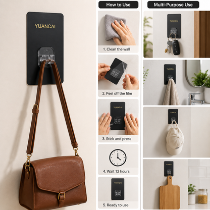A collage showing how to use and various uses for the black adhesive wall hook, including hanging bags, keys, towels, hats,