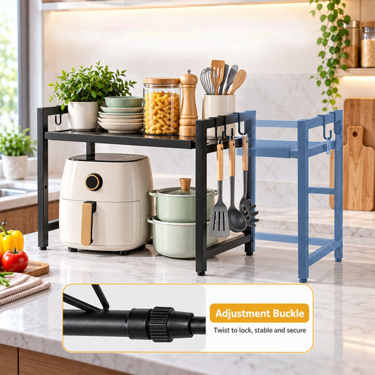 Adjustable Microwave Oven Storage Rack Metal Kitchen Shelf with Hooks