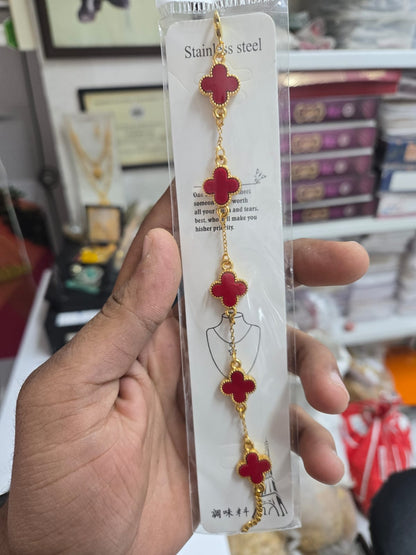 Red Clover Design Gold Tone Bracelet for Women Stylish Fashion Jewellery
