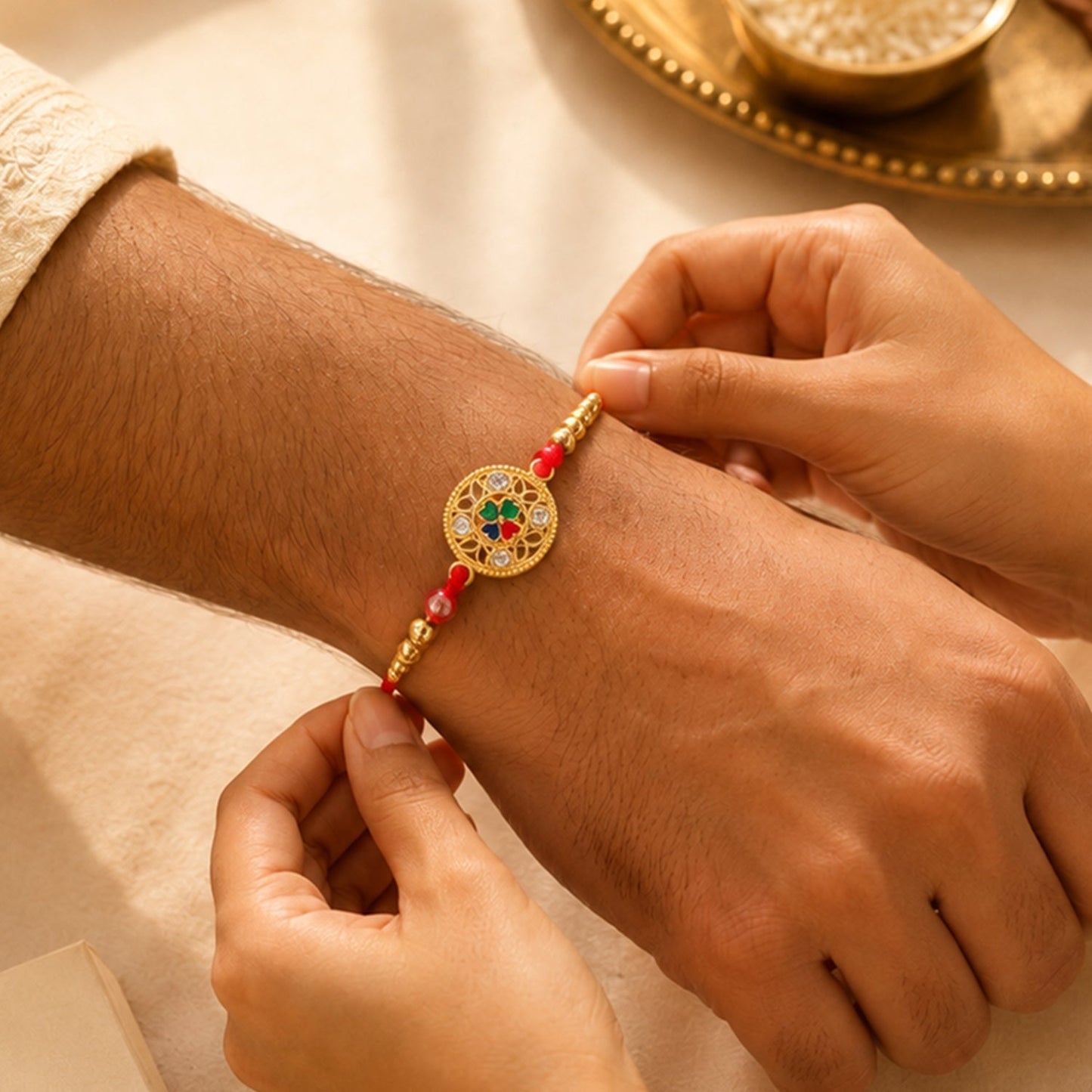 Festive Four-Petal Rakhi with Bright Enamel, Clear Stones and Translucent Beads (5pcs)