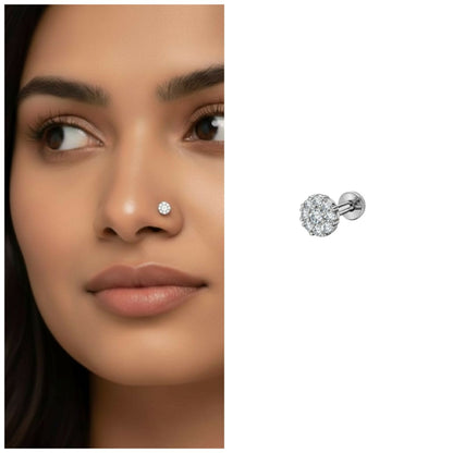 Silver plated crystal floral cluster nose pin beautifully displayed on a white background