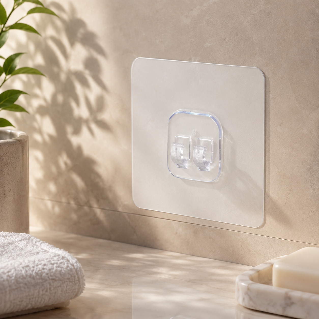 A clear self-adhesive wall hook with two prongs is attached to a beige tiled wall in a bathroom setting.