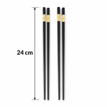 Two pairs of black chopsticks with gold details are shown on a white background with a 24 cm measurement indicator.