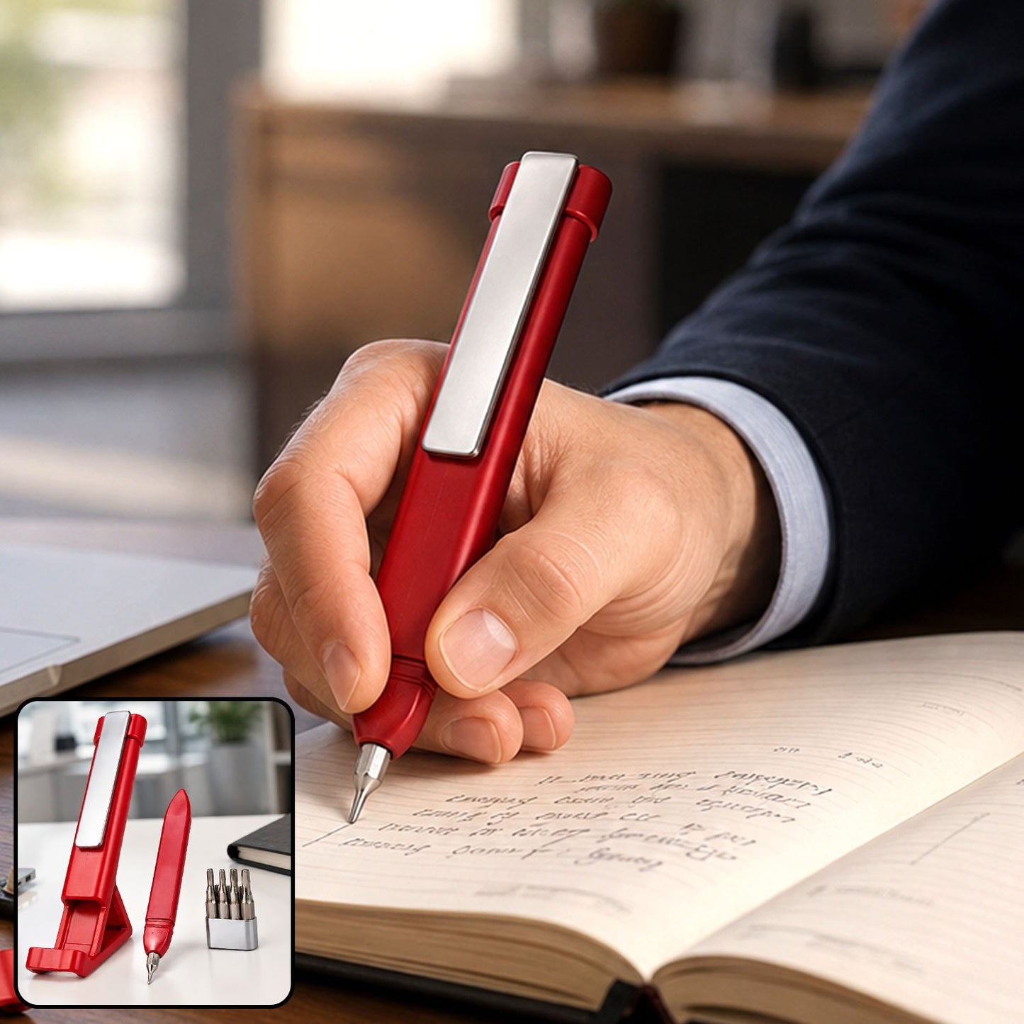 A person's hand holds a red multi-function pen with a screwdriver bit, writing in a notebook. A smaller inset shows the pen,