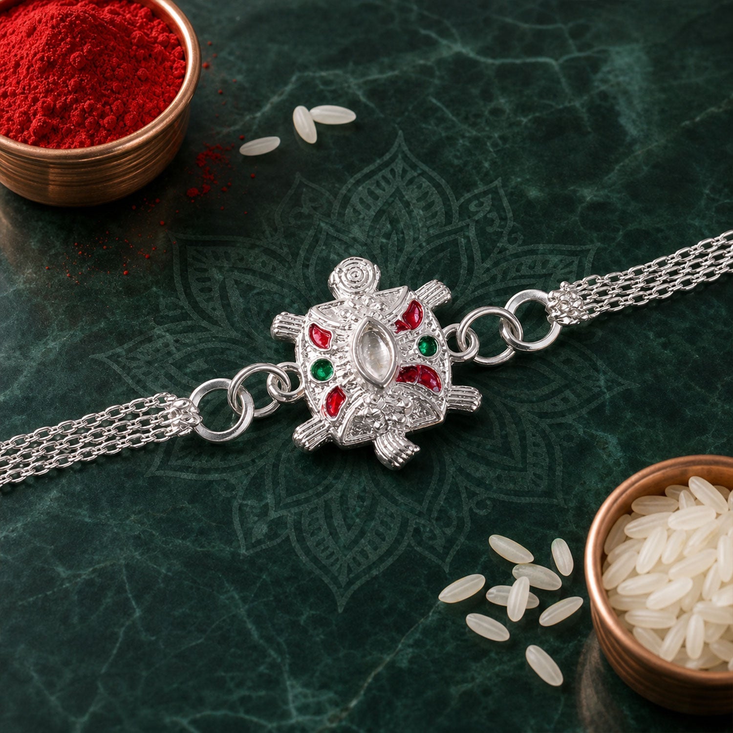 Turtle Rakhi Silver Finish with Enamel Highlights (5pcs)