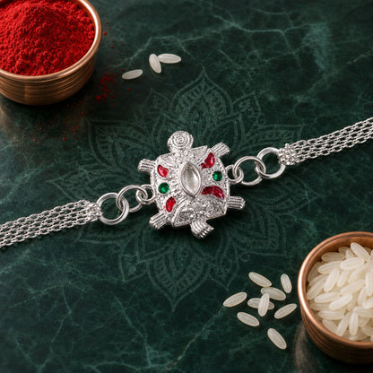 Turtle Rakhi Silver Finish with Enamel Highlights (5pcs)