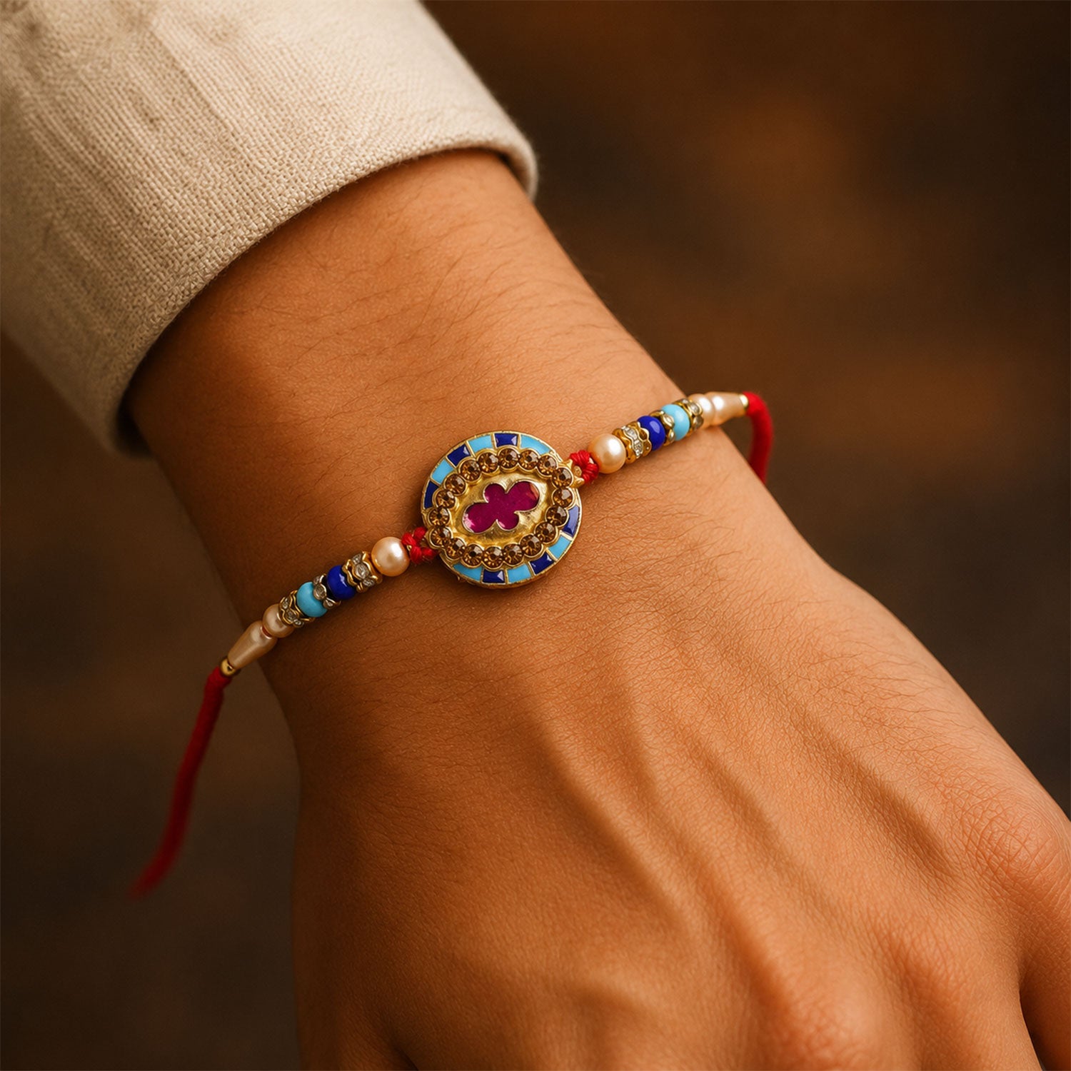 Round Meenakari Floral Designer Rakhi for Brother with Turquoise Beads