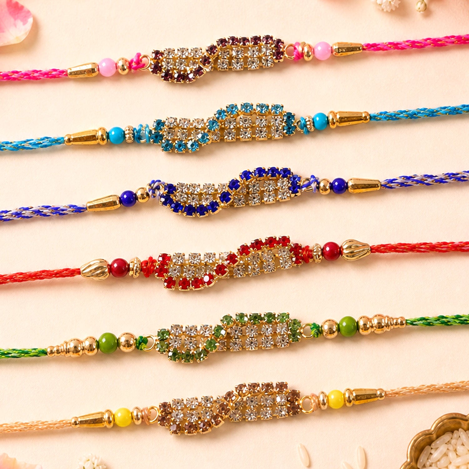 Wave Shaped AD Stone Rakhi for Brother with Beads (Pack of 6)