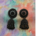 Elegant Black Oxidised Jhumka Earrings with Intricate Round Stud & Bead Drop