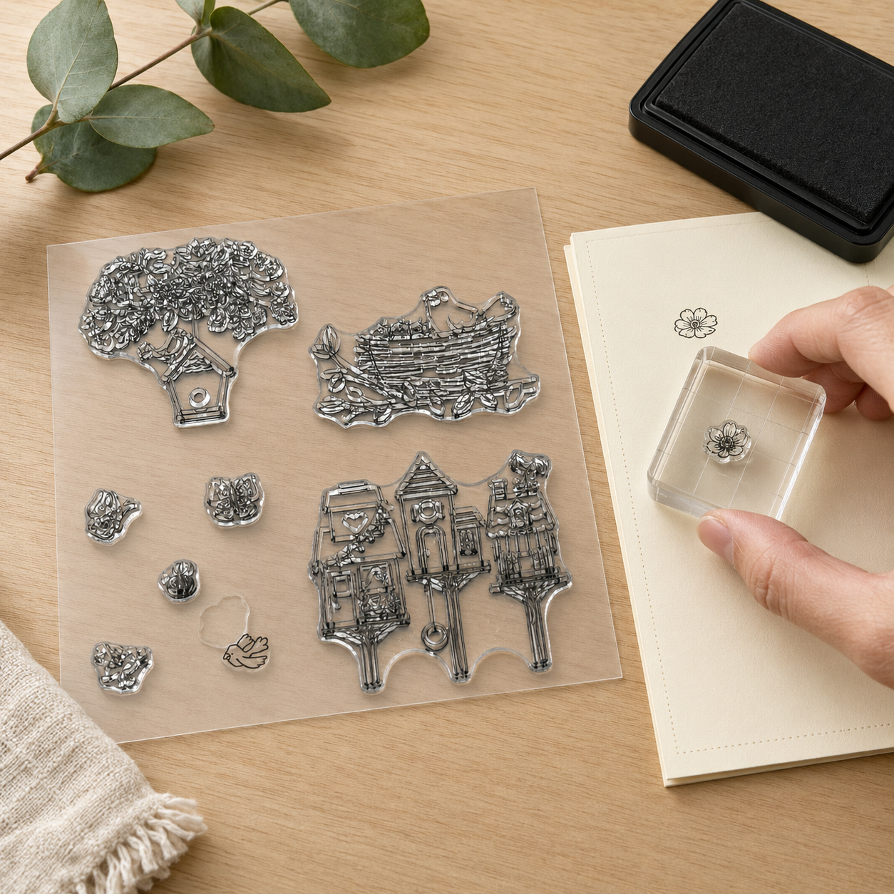 A hand holds a small clear rubber stamp with a flower design, poised above a cream-colored card.