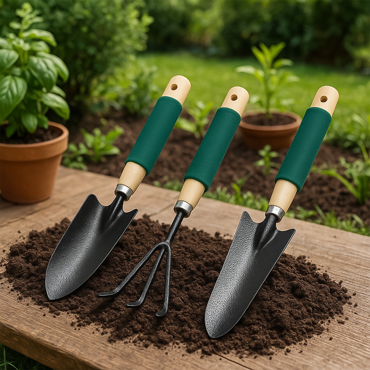 Gardening Tools Hand Cultivator Trowel Heavy Duty Wooden Handle 3 Pc