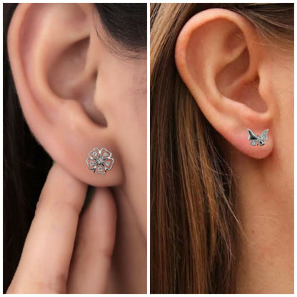 Close-up of silver-plated butterfly stud earring with sparkling Cubic Zirconia stones