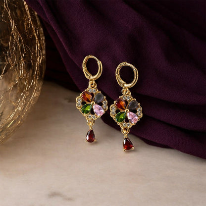 Gold-Tone Multicolor Crystal Floral Drop Hoop Earrings for Women