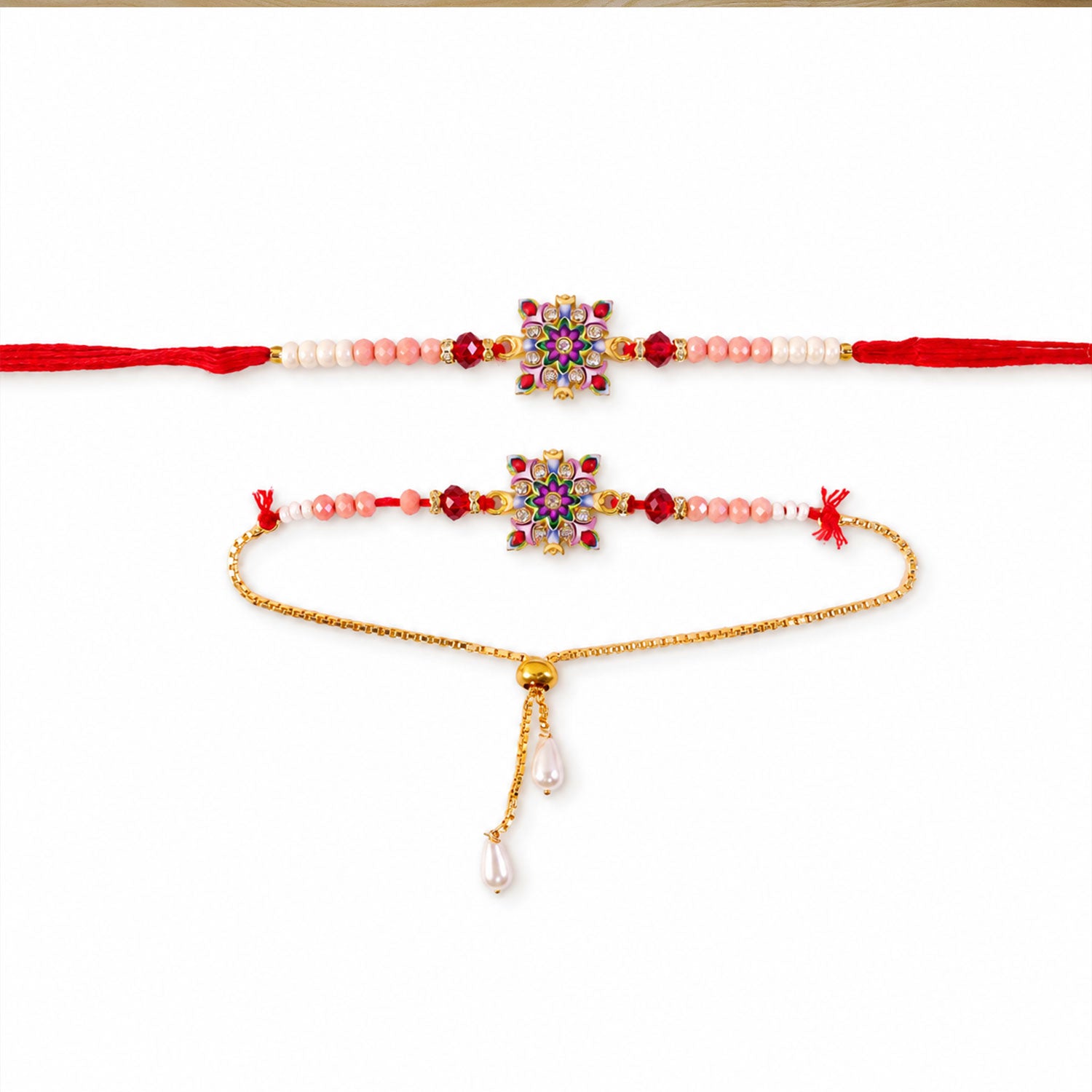 Designer Floral Bhaiya Bhabhi Rakhi with Beads and Adjustable Bracelet