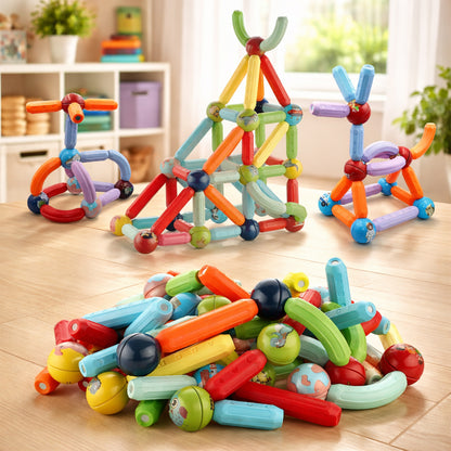 Top-down view of Montessori Magnetic Building Blocks showing colourful magnetic rods and balls