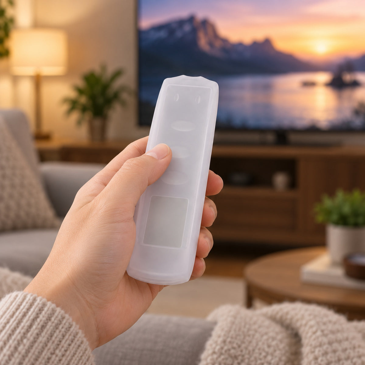 A hand holds the clear silicone remote control cover in a cozy living room with a television in the background.