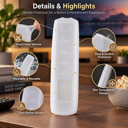 An infographic displays a transparent remote cover with callouts for stretchable silicone, dust protection, washability,