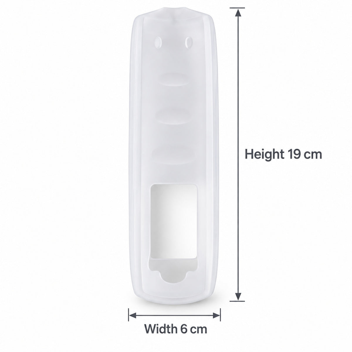 A clear silicone remote control cover with height and width measurements of 19 cm and 6 cm respectively.