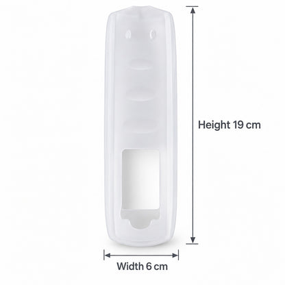 A clear silicone remote control cover with height and width measurements of 19 cm and 6 cm respectively.