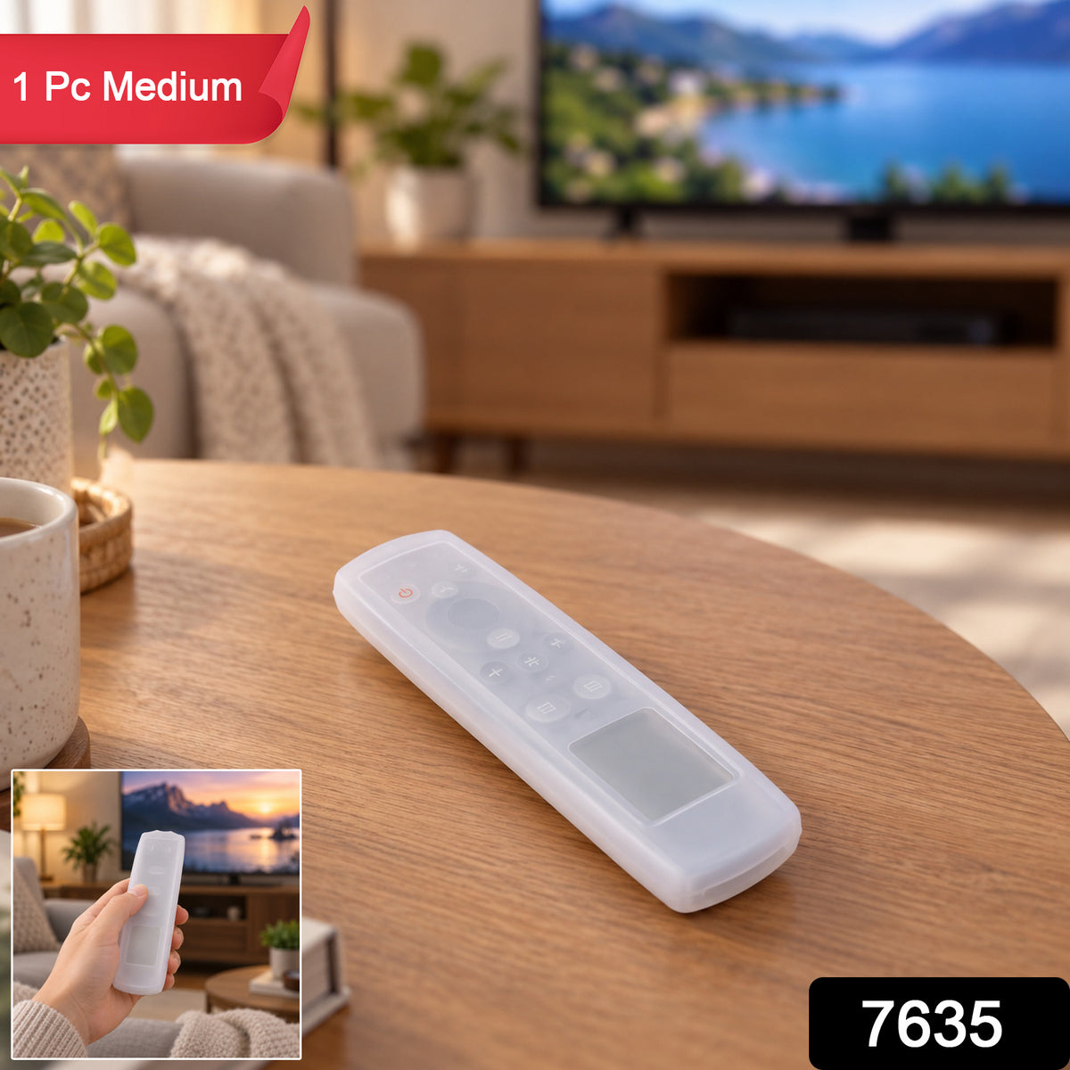A clear silicone remote cover sits on a wooden table, with a small inset showing it held in a hand.