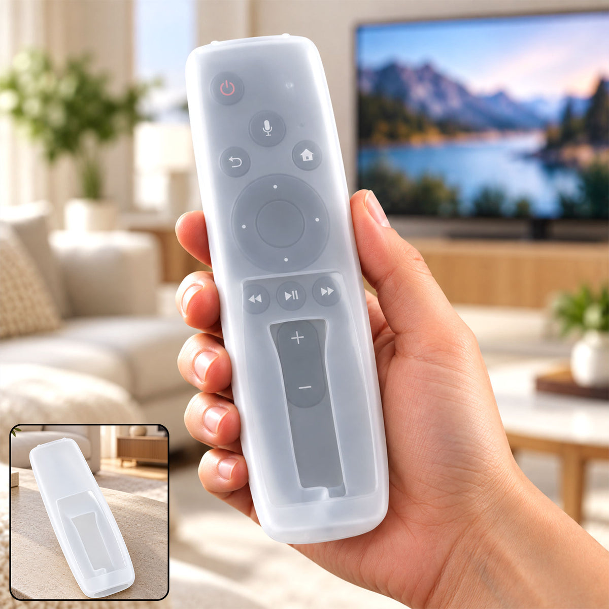 A hand holds a translucent white silicone remote cover over a dark gray remote control in a living room setting. – view 7