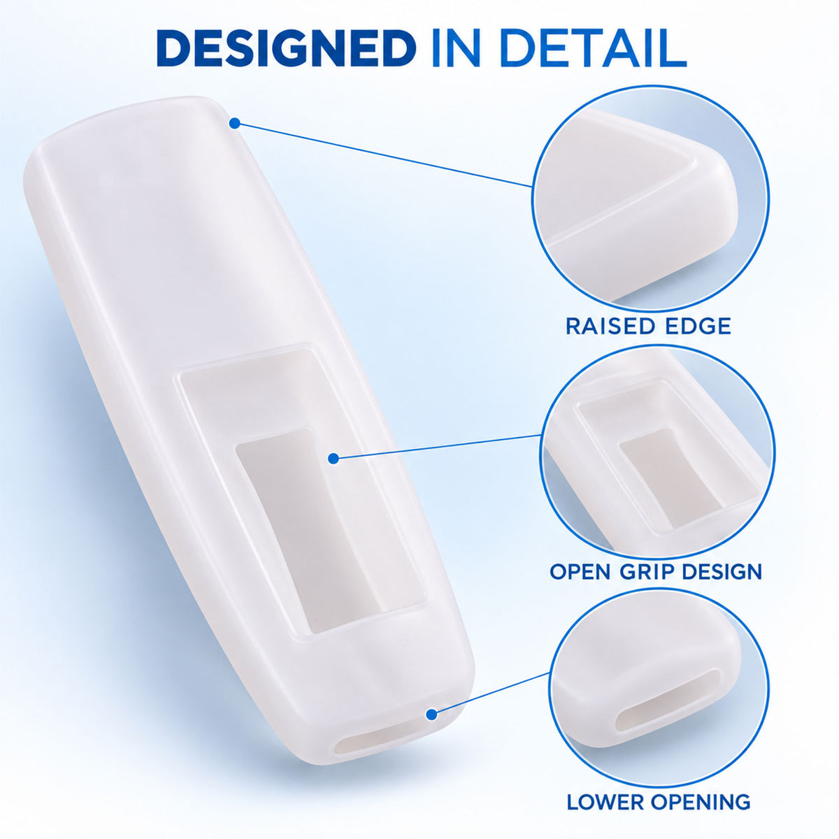 A translucent white silicone remote cover is shown at an angle, with three detailed callouts highlighting its design
