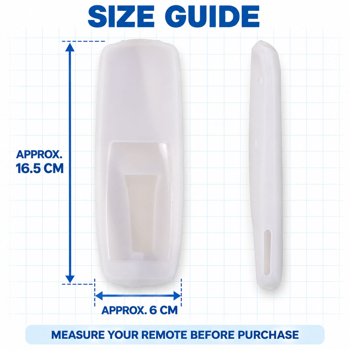 A size guide shows the translucent white silicone remote cover with approximate dimensions of 16.5 cm by 6 cm.