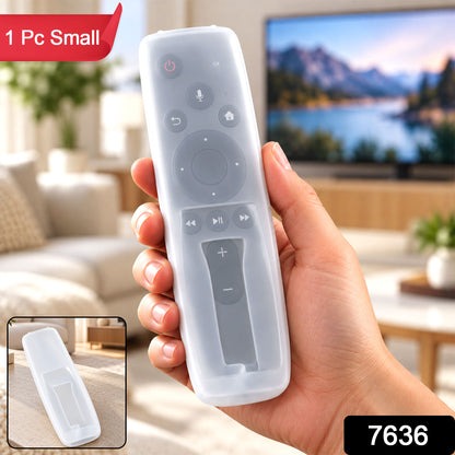 A hand holds a translucent white silicone remote cover over a dark gray remote control, with an inset showing the cover