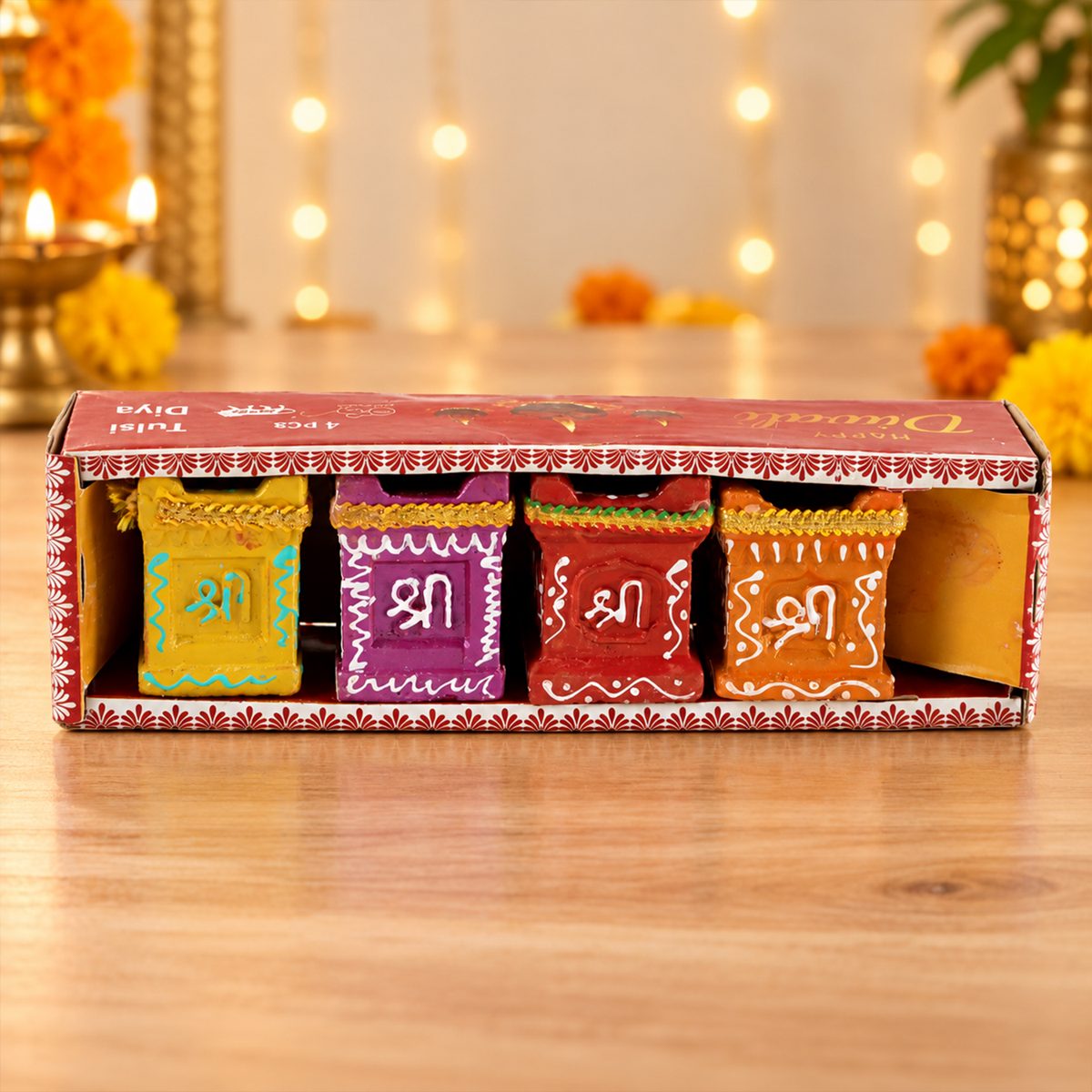 Tulsi-Shaped Decorative Clay Wax Diyas with Painted Details (4 Pc)