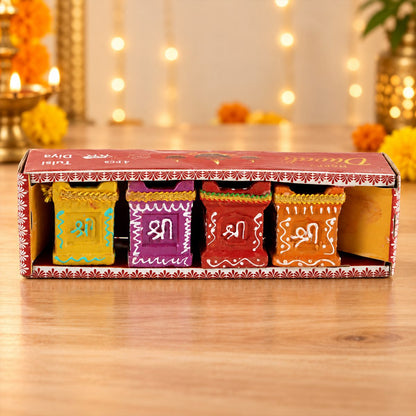 Tulsi-Shaped Decorative Clay Wax Diyas with Painted Details (4 Pc)