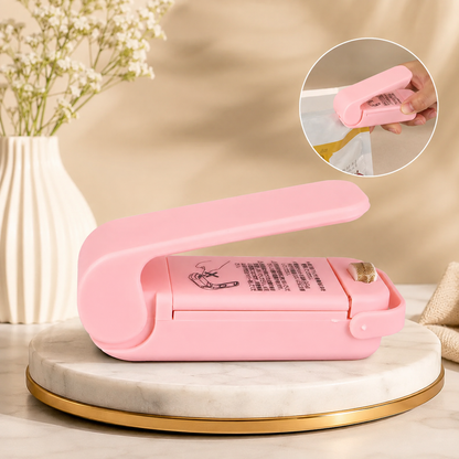 A pink plastic bag sealer sits on a marble coaster, with a hand sealing a bag in the top right inset.