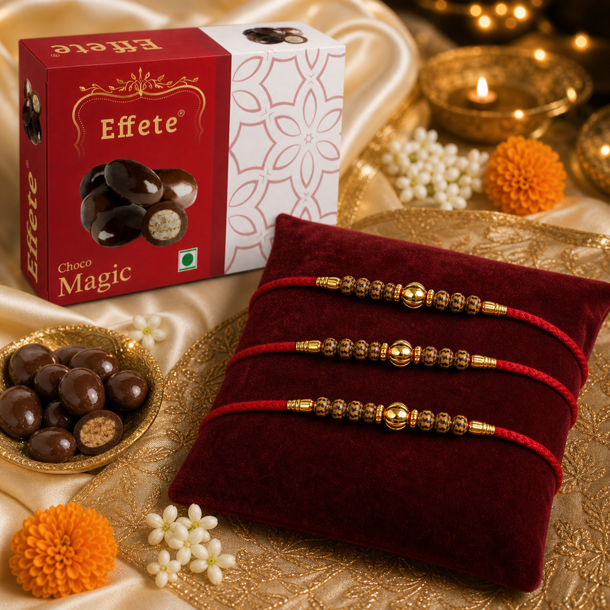 Rudraksha Bead Rakhi with Choco Magic, Pack of 3