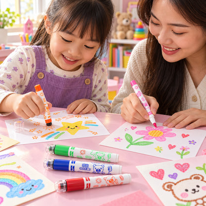 Dual End Colour Sketch Marker Pens with Stamp Designs and Case (12 Pc)
