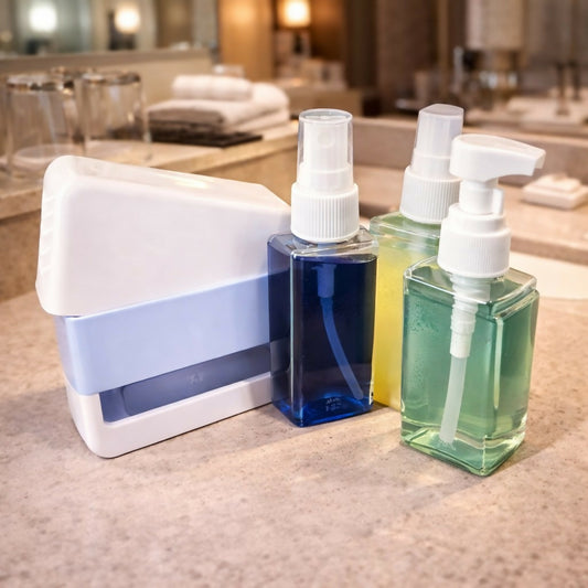 Blue Portable Travel Bottle Set with Pump and Spray Dispenser Kit