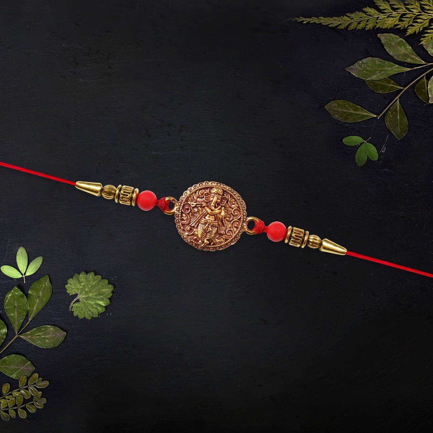 Ganesha Coin Rakhi Antique Design with Vibrant Red Beads (10pcs)