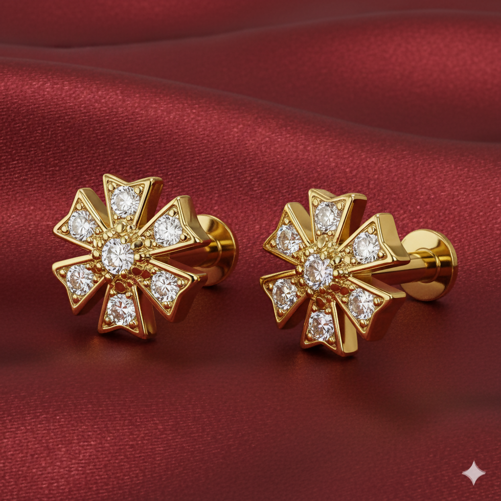 Close-up of elegant gold plated floral nosepin stud showing seven-petal design