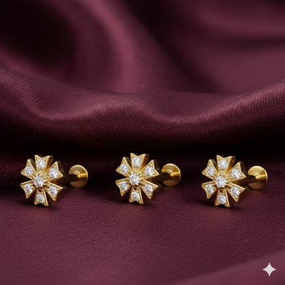 Gold floral diamond stud earring with eight-petal flower design on flat-back post
