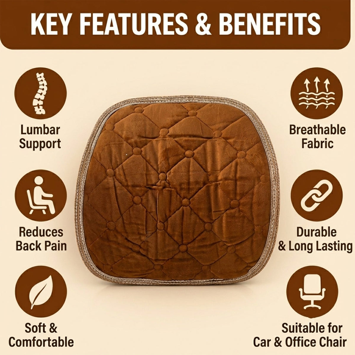 Brown quilted velvet cushion surrounded by icons and text describing features like lumbar support and breathable fabric.