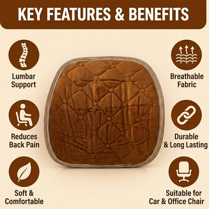Brown quilted velvet cushion surrounded by icons and text describing features like lumbar support and breathable fabric.