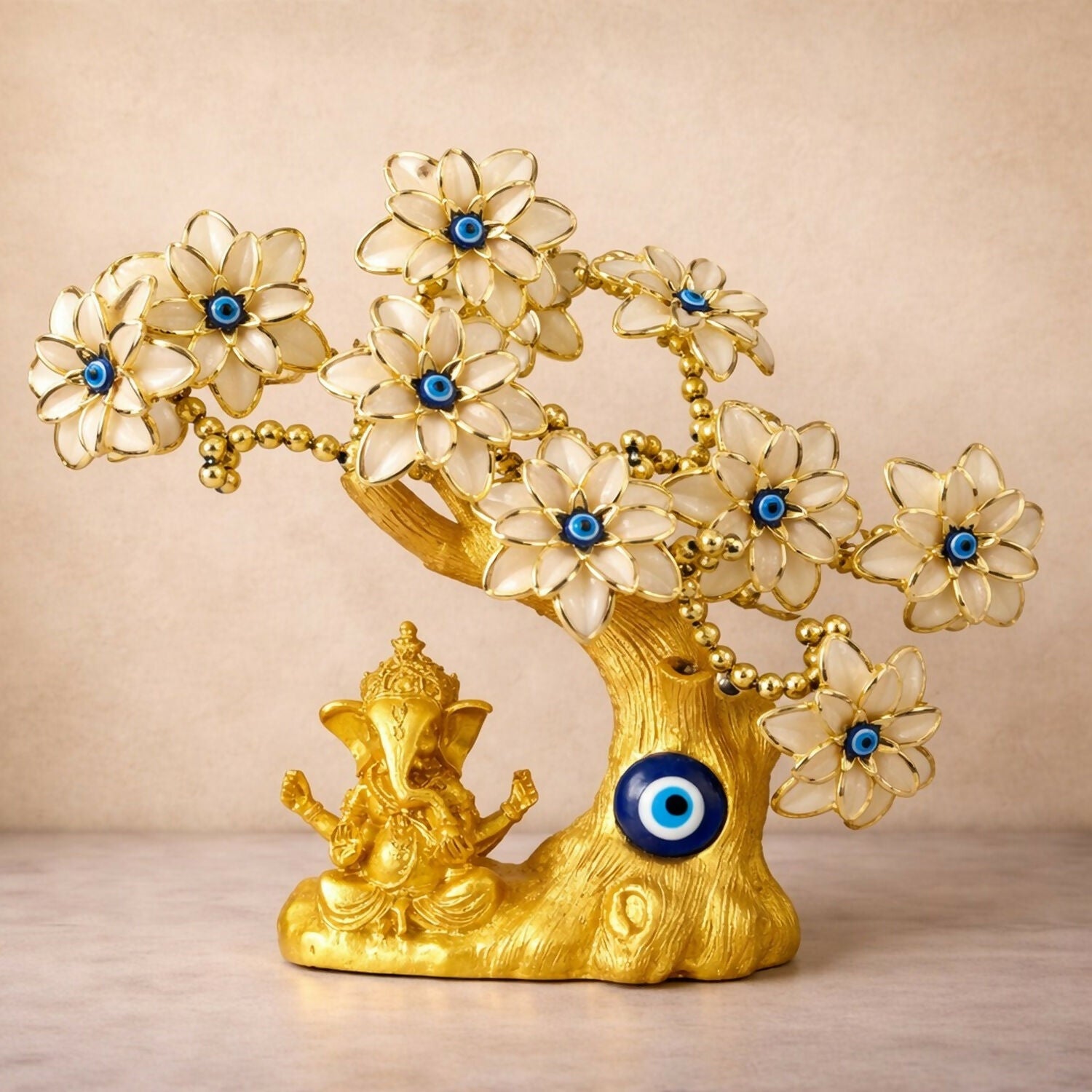 Golden Ganesha White Tree Showpiece with Evil Eye for Home Decor & Gift