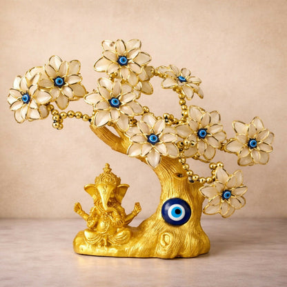 Golden Ganesha White Tree Showpiece with Evil Eye for Home Decor & Gift