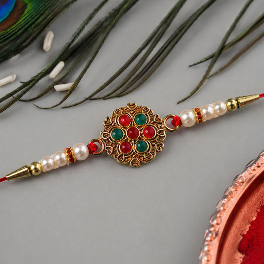 Traditional Designer Rakhi with Beaded Work and Floral Meenakari Centerpiece